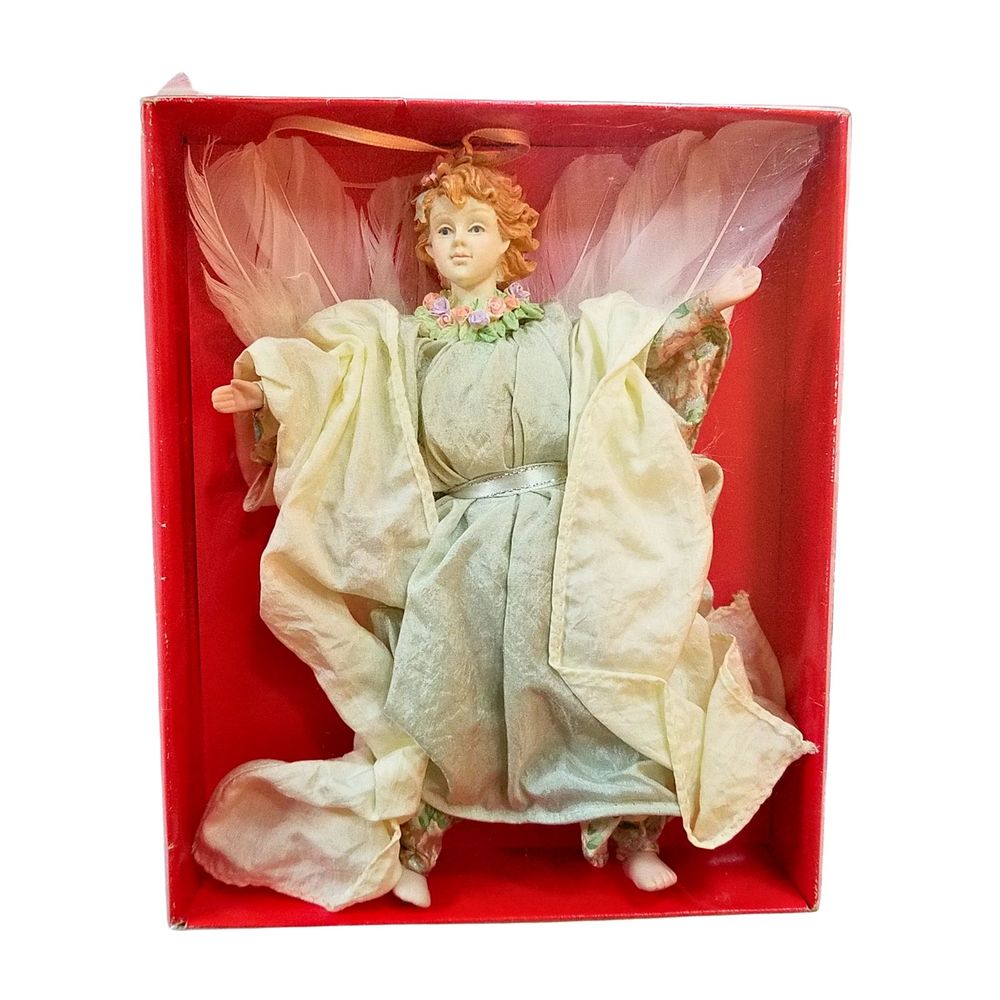 Vintage 80’s Porcelain Victorian Winged Feathers Angel Doll Ornament 7.50” FLAW